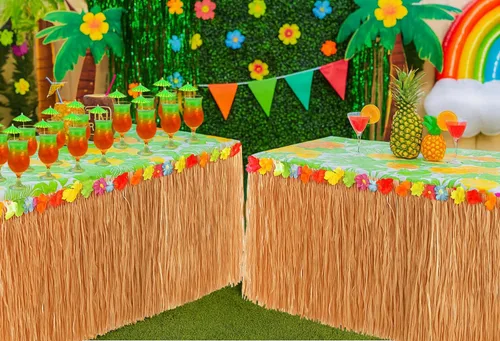 Miniatura 4 de GiftExpress 2 paquetes, 9 pies x 29.5 pulgadas, falda de mesa de hierba de color heno natural con flores de hibisco para fiesta hawaiana Luau