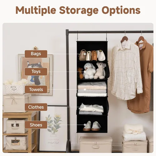 Miniatura 4 de StorageWorks Organizadores colgantes de armario con 5 estantes, organizador de almacenamiento plegable con 2 bolsillos laterales, estantes colgantes