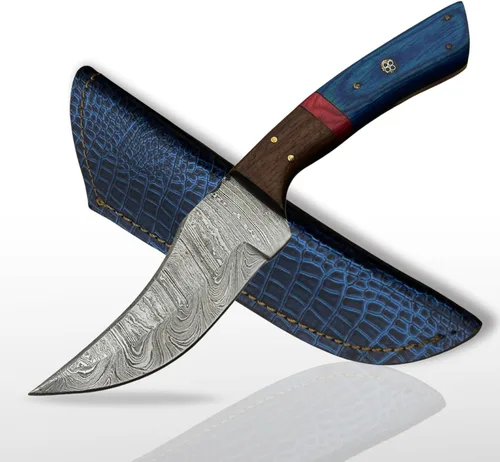 Cuchillo de caza hecho a mano de acero de Damasco – Cuchillos de desollado de hoja fija para camping, al aire libre, supervivencia – Hoja de Damasco