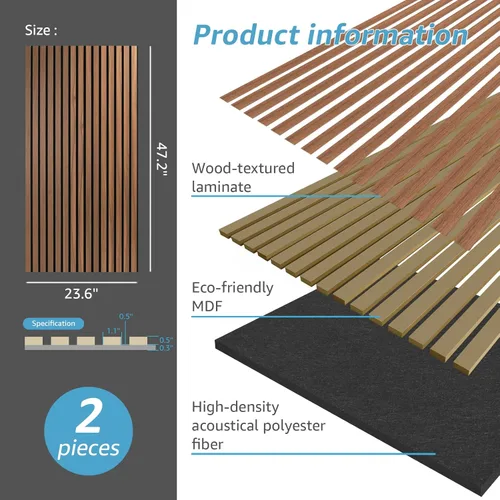 Miniatura 5 de Art3d 2 Paneles Acústicos de Listones de Madera para Pared y Techo - Panel de Absorción de Sonido 3D Ranurado con Acabado de Madera - Nogal