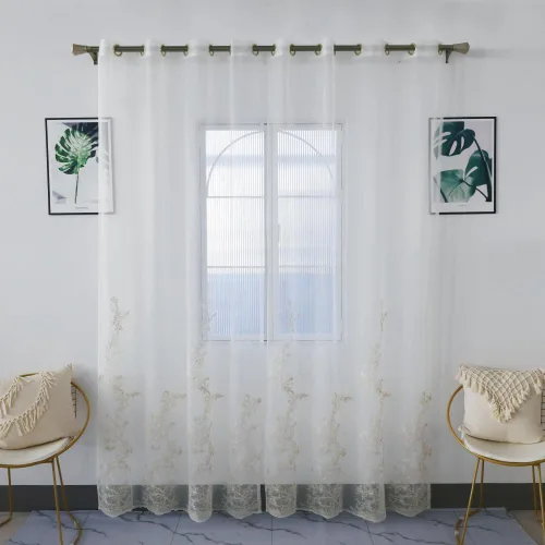 Miniatura 2 de Amidoudou 1 par de cortinas de tul bordadas de lujo para sala de estar, boda, cortinas transparentes con flores doradas 3D (blanco, 51 x 84 pulgadas)