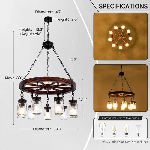 Miniatura 3 de Wellmet Candelabro de granja para comedor de 30 pulgadas, 9 luces rústicas de madera para sala de estar, accesorio colgante vintage para colgar