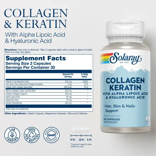 Miniatura 3 de SOLARAY Queratina de colágeno con ácido alfa lipoico y ácido hialurónico - Pastillas de colágeno tipo I, II y III - Apoyo a la salud del cabello