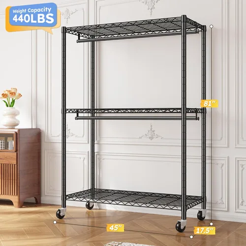 Miniatura 7 de Raybee Perchero de ropa de 45 pulgadas de ancho para colgar ropa, perchero con ruedas y pies ajustables, carga máxima de 440 libras, color negro