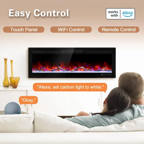 Miniatura 6 de Cheerway Chimenea eléctrica inteligente WiFi de 42 pulgadas, calentador eléctrico empotrado y montado en la pared con sonido crepitante y llama
