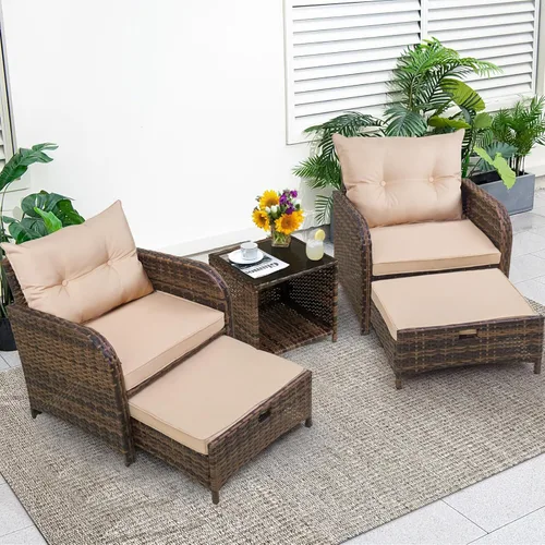 Sillas de patio al aire libre de 5 piezas con otomanas, muebles de mimbre de polietileno para exteriores con reposapiés, juego de muebles de porche