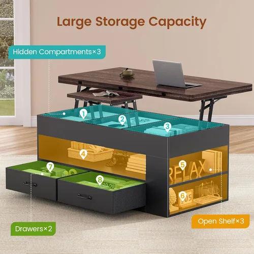 Miniatura 4 de Itaar - Mesa auxiliar con tapa elevable, mesa de centro 4 en 1 con almacenamiento y compartimento oculto, mesa de centro de estilo granja con 2