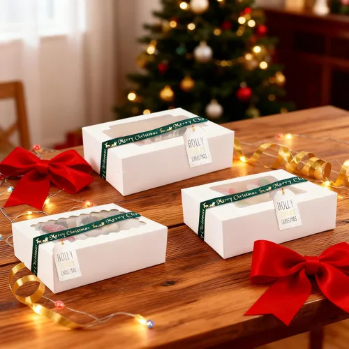 Miniatura 6 de NPLUX Cajas de galletas para panadería con ventana de 8 x 6.5 x 2.5 pulgadas, cajas de pastelería para regalo (paquete de 24, color blanco)
