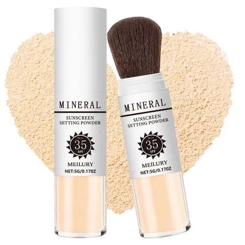 Miniatura 10 de Polvo fijador de protección solar SPF 35, cepillo mineral en polvo para cara y cuero cabelludo, control de aceite, acabado mate natural, polvo