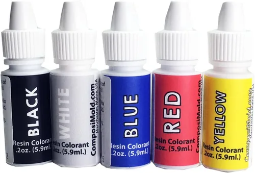 Pigmento epoxi colores primarios (colorante, tinte) 6cc (0.2 oz.) Kit rojo, negro, azul, blanco y amarillo, mezcla de colores para hacer más colores
