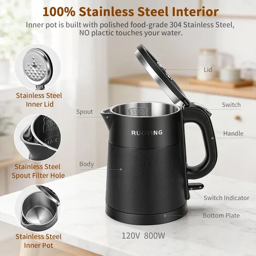 Miniatura 2 de Hervidor eléctrico pequeño de 0.8L, caldera de agua portátil de acero inoxidable de doble pared de viaje, tanque interno sin costuras de grado