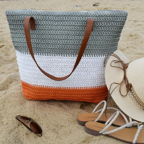 Miniatura 39 de Bolso grande de paja para mujer, tejido de ratán, bolso de playa de verano, a rayas
