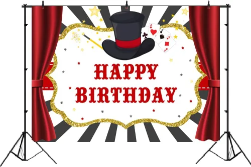 Miniatura 2 de Lofaris Telón de fondo de 7 x 5 pies con espectáculo mágico de feliz cumpleaños para niños y niñas, cortinas rojas de mago, decoración de baby