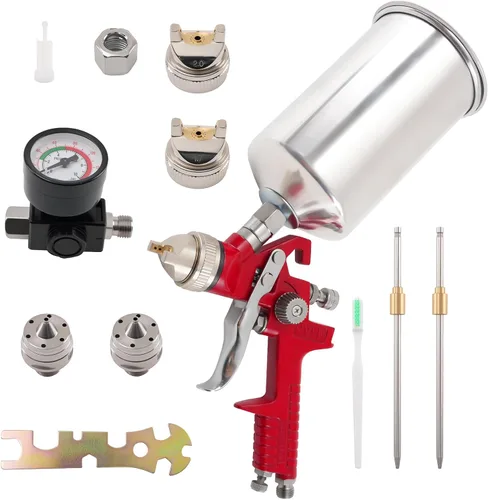 maXpeedingrods HVLP - Kit de pistola rociadora, pistola de pintura automotriz con taza de aluminio de 1000 cc, 3 boquillas y agujas de latón