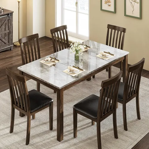 Miniatura 7 de LUXOAK Juego de mesa de comedor de madera maciza de 71 pulgadas, mesa de cocina de mármol sintético con 6 sillas, respaldos curvados y asientos