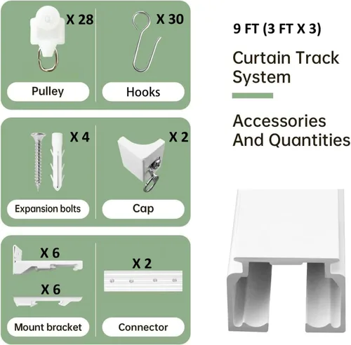 Miniatura 4 de Sistema de riel de cortina de aluminio resistente de 9 pies, para montaje en pared y techo, rieles con corredores de deslizamiento silencioso