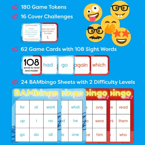 Miniatura 6 de Juego de bingo de palabras de vista THE BAMBINO TREE Nivel 1 y 2 - Juegos educativos para niños - Aprende a leer vocabulario para jardín de infantes