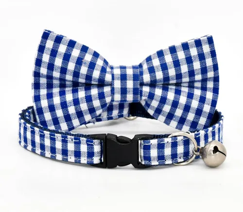 Miniatura 2 de Collar de Gato Azul con Diseño de Búfalo a Cuadros, Conjunto de Lazo para Boda/Cumpleaños, Collar Separable para Gatito