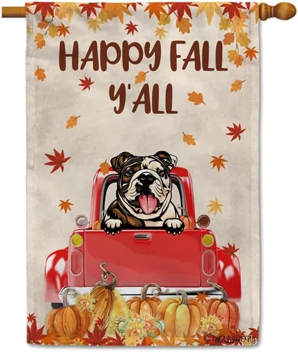 Miniatura 14 de Bandera con texto en inglés «Happy Fall Y'all» con diseño de perro inteligente con calabaza en camión rojo y hojas de arce, pancarta de otoño