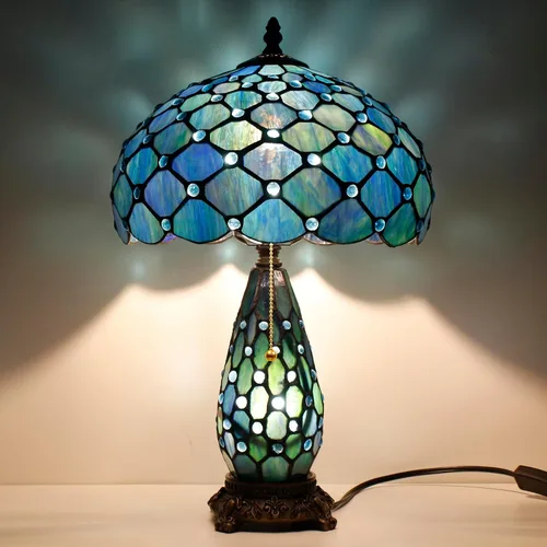 Miniatura 11 de Lámpara de Estilo Tiffany de Vidrio Manchado Azul Barroco de Mesa de 12X19 Pulgadas, Vaso Madre-Hija, Luz de Lectura para Escritorio, Decoración