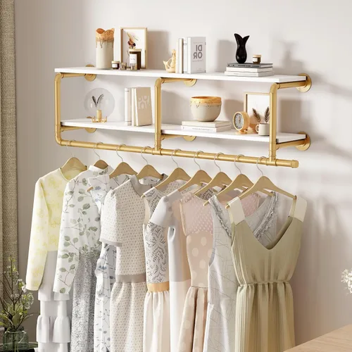 Miniatura 8 de ORSENIGO - Perchero Industrial de Tubo con Estantes, Perchero de Ropa Dorado Montado en Pared para Hogar y Venta Minorista