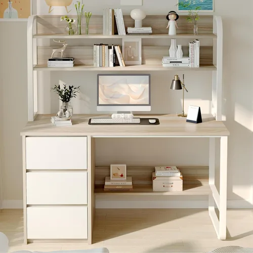 MaverickFurni Escritorio de computadora con gabinete, escritorio pequeño de 47 pulgadas con 3 cajones para dormitorio, escritorio de estudio con