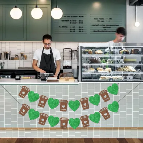 Miniatura 7 de Cartel de barra de café verde, guirnalda de taza con purpurina y corazón, pancarta con leche para cumpleaños, despedida de soltera, compromiso