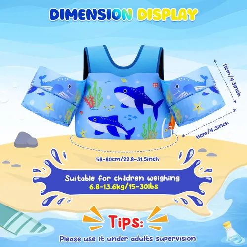 Miniatura 3 de MoKo Chaleco de natación para niños pequeños de 13-30/20-50/22-66 libras, flotadores de brazo de natación de dibujos animados, alas de agua