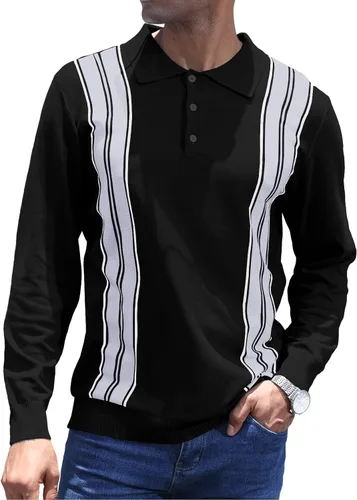 Miniatura 3 de CTU Camisas polo de manga larga a rayas vintage para hombre, camisas de golf