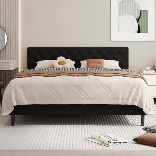 Miniatura 13 de BarnFurin Marcos de cama individual con cabecera capitoné con botones, cama de plataforma tapizada de lino con soporte de listones de madera, fácil