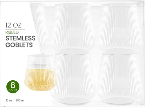Miniatura 6 de PLASTICPRO Paquete de 12 copas de vino de plástico azules con borde dorado, sin tallo, desechables, de 12 onzas, sin BPA, inastillables, copas