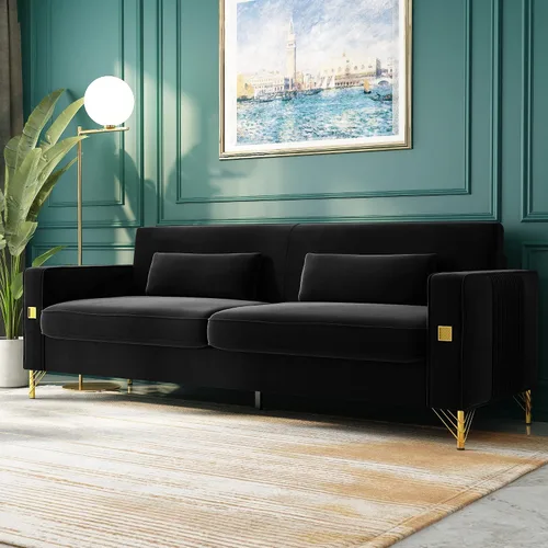 Miniatura 10 de Sofá Chesterfield de terciopelo de 85 pulgadas, moderno de mediados de siglo, cómodo sofá con almohadas para sala de estar, dormitorio, muebles