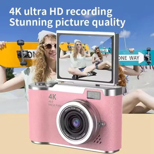 Miniatura 8 de Cámara digital 4K para fotos, cámara retro portátil con pantalla abatible, cámara retro compacta para exteriores (negro, 1 juego)