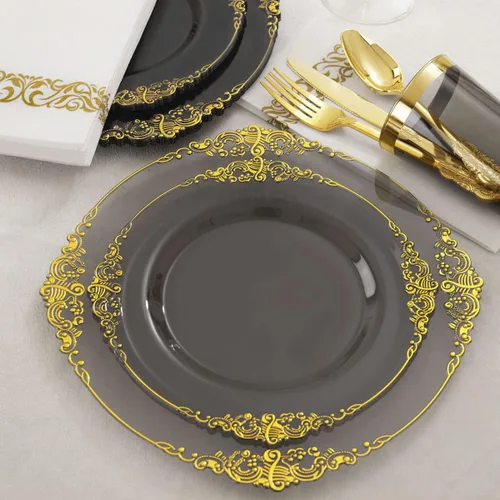 Miniatura 2 de Nervure 175 platos de plástico negro transparente, juego de vajilla de plástico dorado para 25 invitados, incluye 50 platos desechables, 75