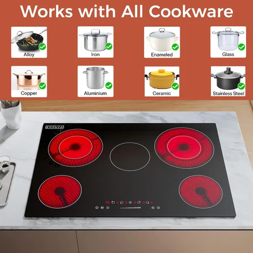 Miniatura 5 de Empava Placa de cocina eléctrica de cerámica de 36 pulgadas, 5 quemadores radiantes con zonas traseras de doble anillo y calentador de 100 W