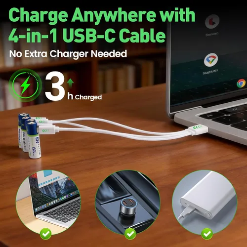 Miniatura 5 de Paquete de 4 baterías de litio AAA recargables USB-C, capacidad real de 666 mWh, voltaje constante de 1.5 V, más de 1200 ciclos, para control