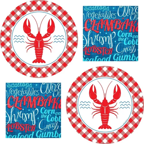 Suministros para fiestas de cangrejo de cangrejo – Juego de platos llanos de langosta y servilletas de almuerzo (sirve 16) – Decoración de hervir