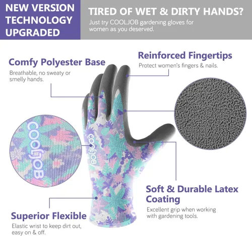 Miniatura 2 de COOLJOB - Guantes de jardinería coloridos para mujer, guantes de jardín transpirables y con recubrimiento de goma, guantes de trabajo protectores