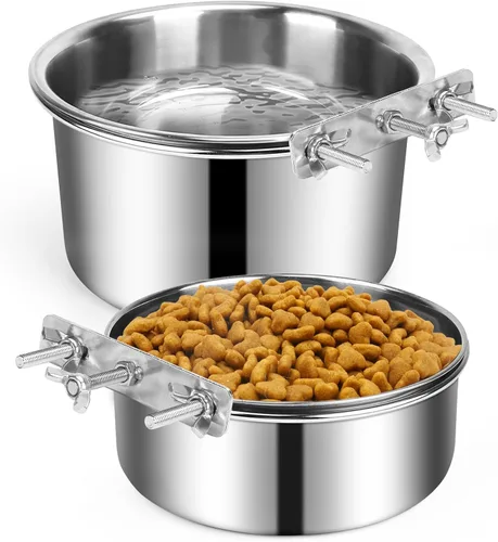 Miniatura 9 de Cuencos de agua para perreras antiderrames, paquete de 2 cuencos de acero inoxidable para comida y agua para jaula de perrera, cuencos colgantes