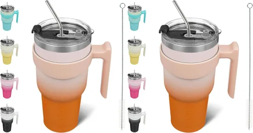 Miniatura 49 de BJPKPK Vaso con asa de acero inoxidable de 20 onzas, con aislamiento de doble pared, con tapa y pajita, color rosa claro A-rosa claro