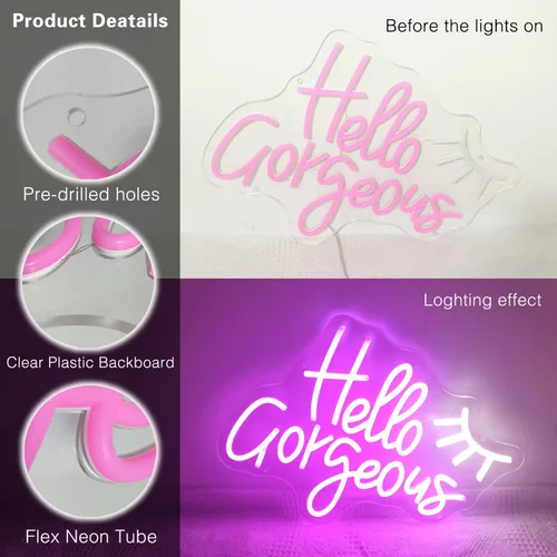 Miniatura 5 de Letreros de neón Hello Gorgeous para decoración de pared, letrero de 13.8 * 13.8 pulgadas de luz rosa para boda, decoración de compromiso