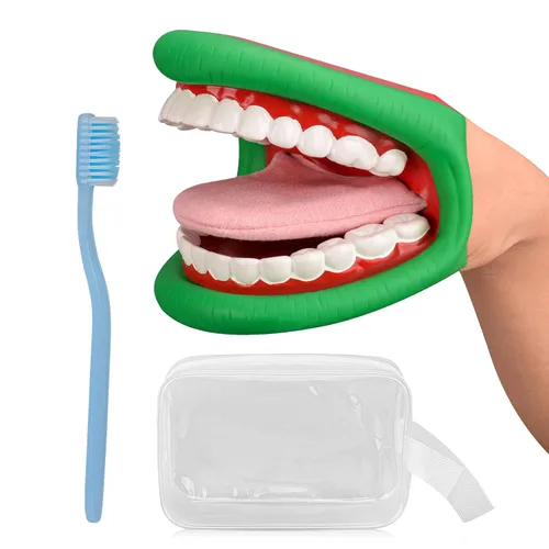 Ultrassist Marioneta de Mano de Boca de Tamaño Mediano con Lengua para Niños Color Verde, Marioneta de Boca para Terapia del Habla, Incluye Cepillo