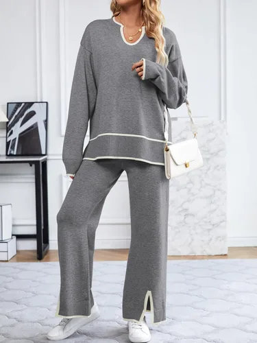 Miniatura 7 de SuperPrity Conjunto de 2 piezas de suéter para mujer, con cuello de muesca, manga larga, suéter de punto y pierna ancha