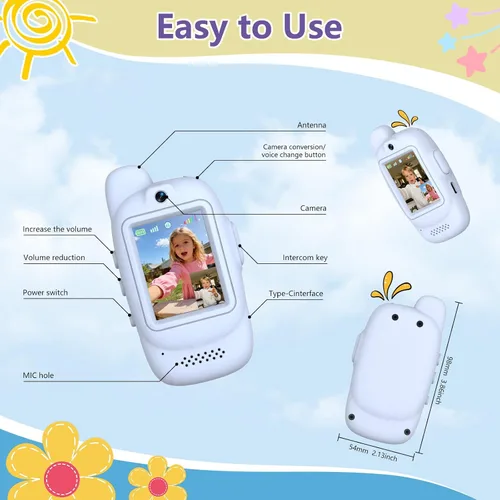 Miniatura 8 de Walkie Talkies de video para niños, paquete de 2 walkie talkies de video recargables, cámara HD, cambiador de voz, para diversión familiar, Azul