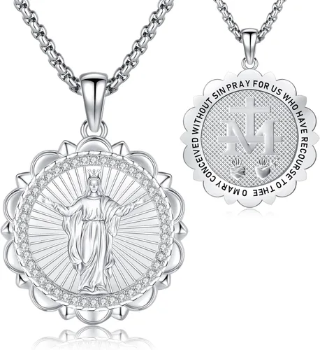 Eusense - Collar con colgante de plata de ley 925 de San MiguelSan Benito para hombres y mujeres con cruz de Jesúsmedalla milagrosa de la Virgen