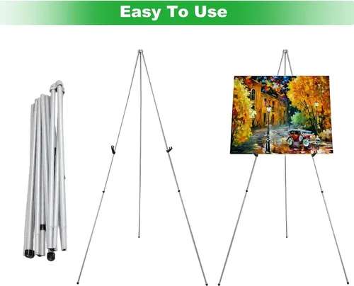 Miniatura 5 de CertBuy Paquete de 2 caballetes plegables plateados, caballetes de 63 pulgadas para mostrar imágenes, soporte de caballete negro para exhibir