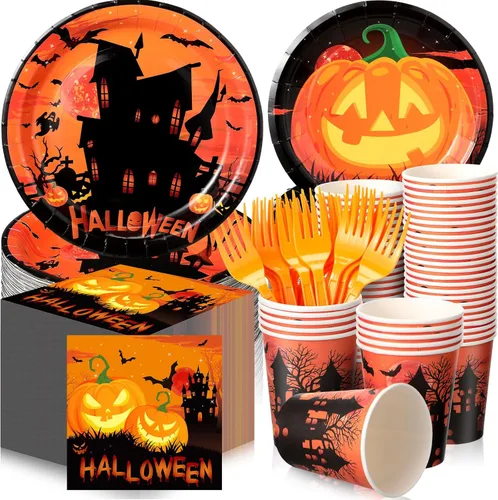 Sliner 180 piezas de suministros para fiesta de Halloween, platos, servilletas, vasos, servir, 30 platos desechables de Halloween, platos de postre