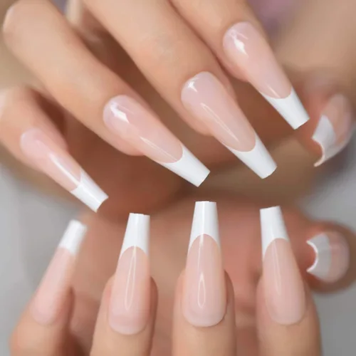 Miniatura 5 de Puntas de uñas largas tipo ataúd, puntas de uñas blancas a presión, uñas postizas artísticas francesas diseñadas con uñas de gel UV, uñas de salón