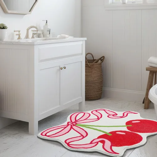 Miniatura 7 de Duraaamo Alfombra de baño con lazo de cereza de 23.6 x 21.3 pulgadas, bonito lazo rosa, decoración de baño, suave, antideslizante, absorbente
