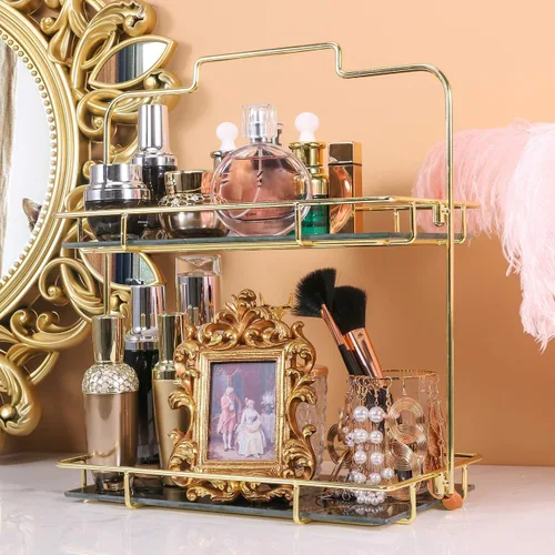 Miniatura 8 de Organizador de maquillaje, organizador de baño de 2 niveles, estante de almacenamiento de cosméticos para tocador y encimera, cesta organizadora